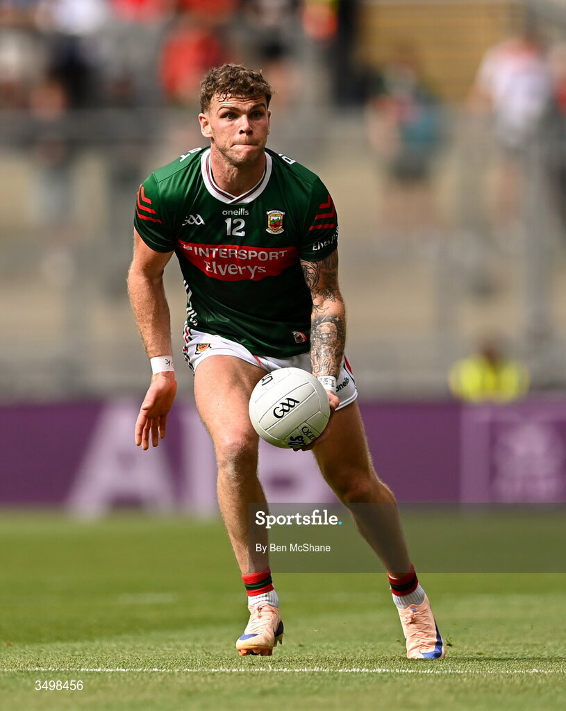 27 June 2026; Jordan Flynn of Mayo during the GAA Football All-Ireland Senior Championship quarter-final match between Cork and Mayo at Croke Park in Dublin. Photo by Ben McShane/Sportsfile