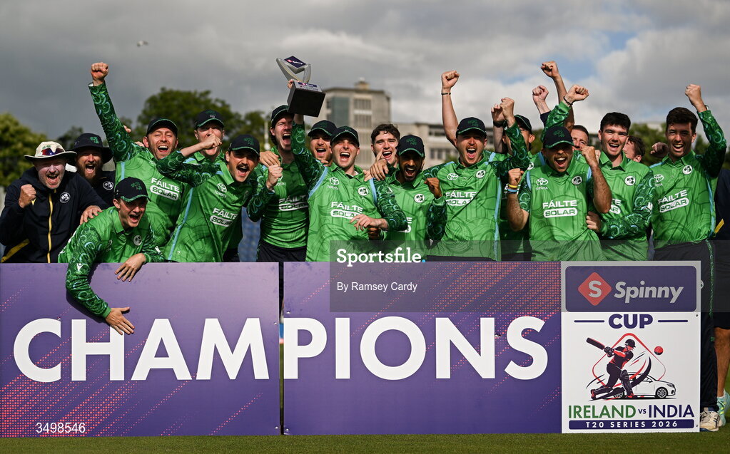 28 June 2026; The Ireland team celebrate with the trophy after the Spinny Cup Men's T20 International series between Ireland and India at Stormont in Belfast. Photo by Ramsey Cardy/Sportsfile