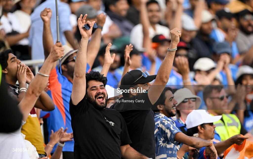 28 June 2026; India supporters during the Spinny Cup Men's T20 International series between Ireland and India at Stormont in Belfast. Photo by Ramsey Cardy/Sportsfile