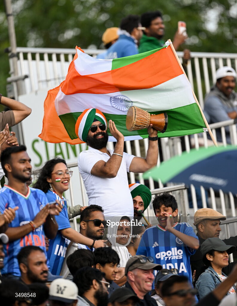 28 June 2026; India supporters during the Spinny Cup Men's T20 International series between Ireland and India at Stormont in Belfast. Photo by Ramsey Cardy/Sportsfile