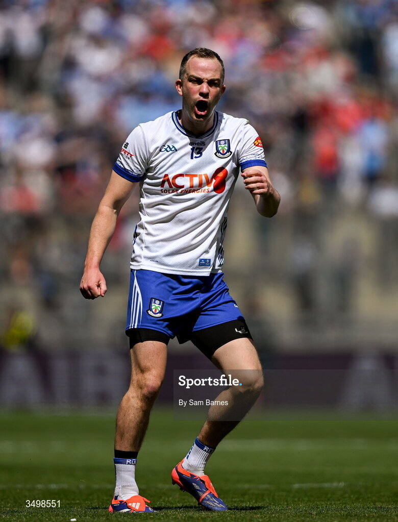 28 June 2026; Jack McCarron of Monaghan celebrates a score during the GAA Football All-Ireland Senior Championship quarter-final match between Louth and Monaghan at Croke Park in Dublin. Photo by Sam Barnes/Sportsfile