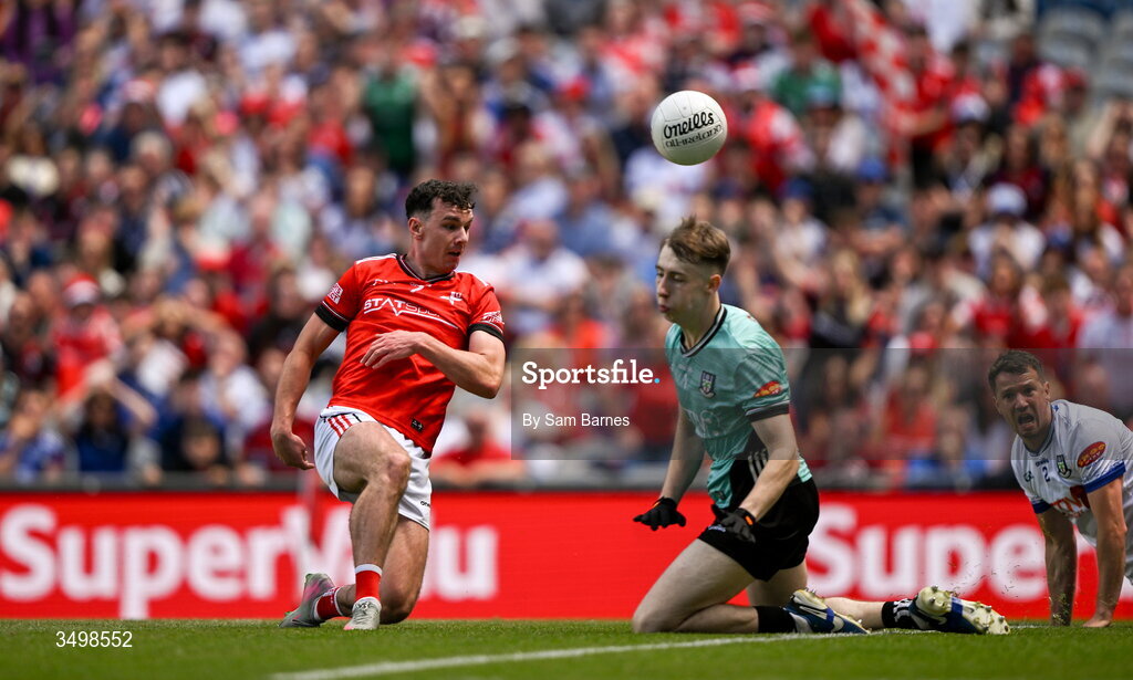 28 June 2026; Craig Lennon of Louth has his shot saved by Monaghan goalkeeper Jamie Mooney during the GAA Football All-Ireland Senior Championship quarter-final match between Louth and Monaghan at Croke Park in Dublin. Photo by Sam Barnes/Sportsfile