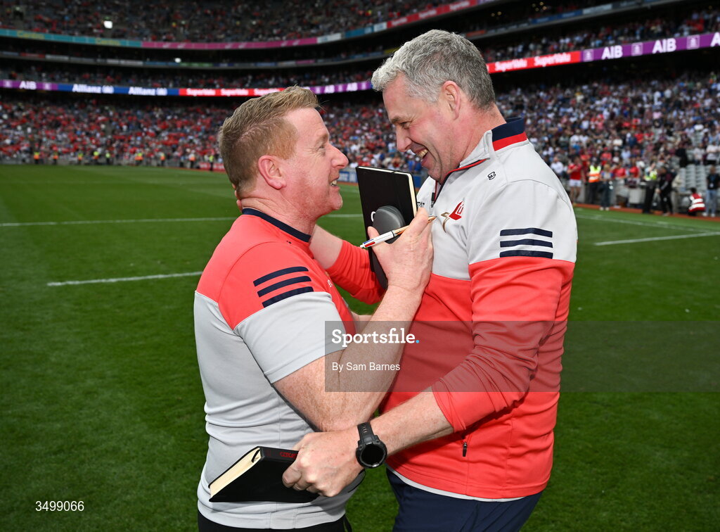 28 June 2026; Louth manager Gavin Devlin, right, celebrates with coach Paul McKeown after their side's victory in the GAA Football All-Ireland Senior Championship quarter-final match between Louth and Monaghan at Croke Park in Dublin. Photo by Sam Barnes/Sportsfile