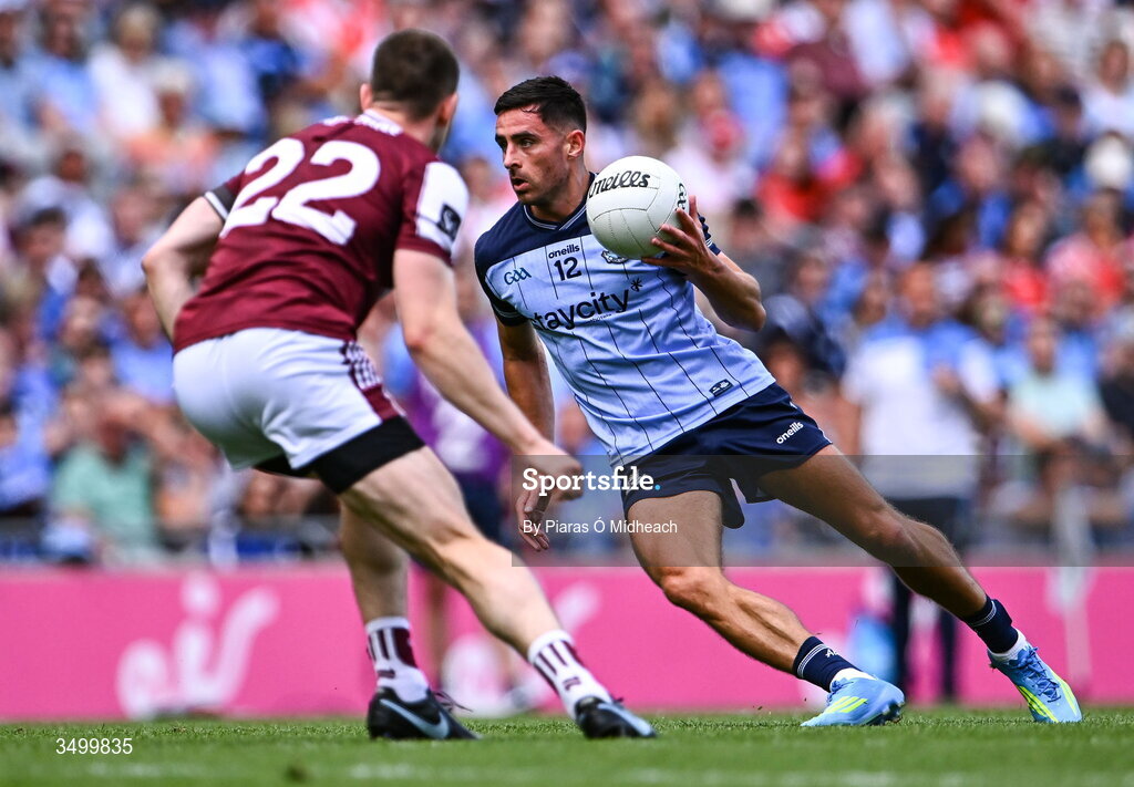 28 June 2026; Niall Scully of Dublin in action against Céin D'Arcy of Galway during the GAA Football All-Ireland Senior Championship quarter-final match between Dublin and Galway at Croke Park in Dublin. Photo by Piaras Ó Mídheach/Sportsfile