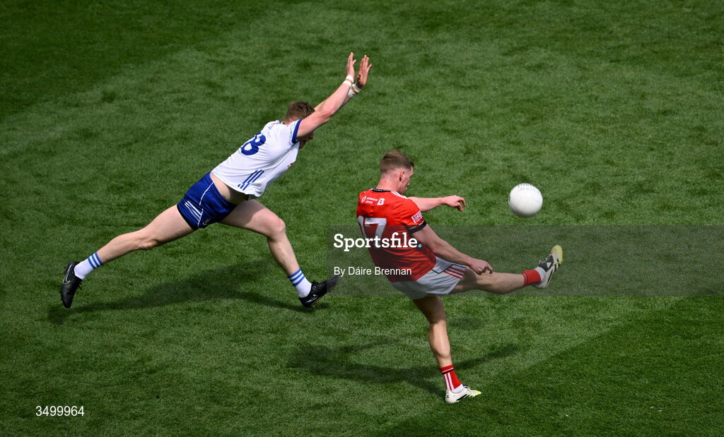 28 June 2026; Ciaran Byrne of Louth in action against Robbie Hanratty of Monaghan during the GAA Football All-Ireland Senior Championship quarter-final match between Louth and Monaghan at Croke Park in Dublin. Photo by Daire Brennan/Sportsfile