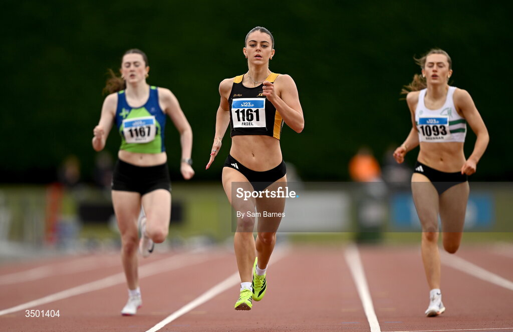 4 July 2026; Erin Friel of Letterkenny AC, Donegal, centre, competes in the under 20 women's 400m heats during day one of the 123.ie National U20 & U23 Track & Field Championships at Tullamore Harriers Athletics Club in Tullamore, Offaly. Photo by Sam Barnes/Sportsfile