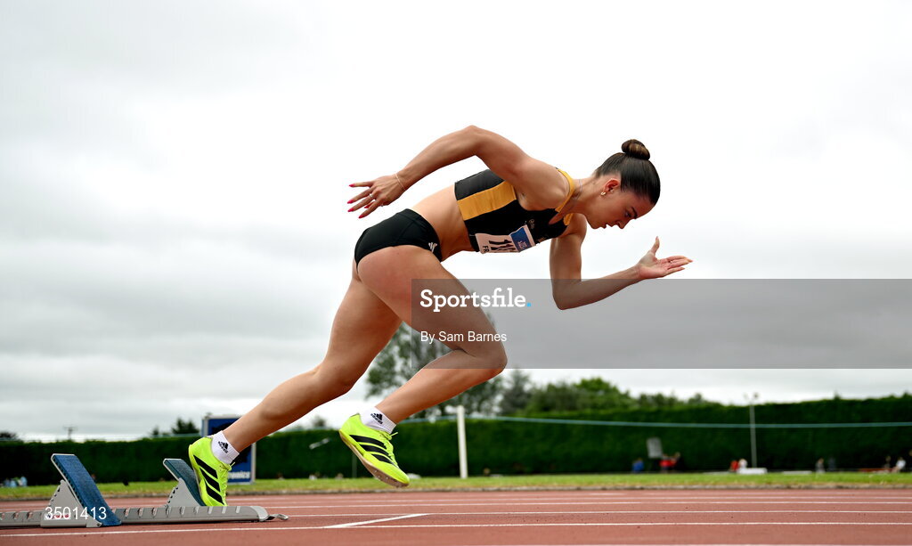4 July 2026; Erin Friel of Letterkenny AC, Donegal, competes in the under 20 women's 400m heats during day one of the 123.ie National U20 & U23 Track & Field Championships at Tullamore Harriers Athletics Club in Tullamore, Offaly. Photo by Sam Barnes/Sportsfile