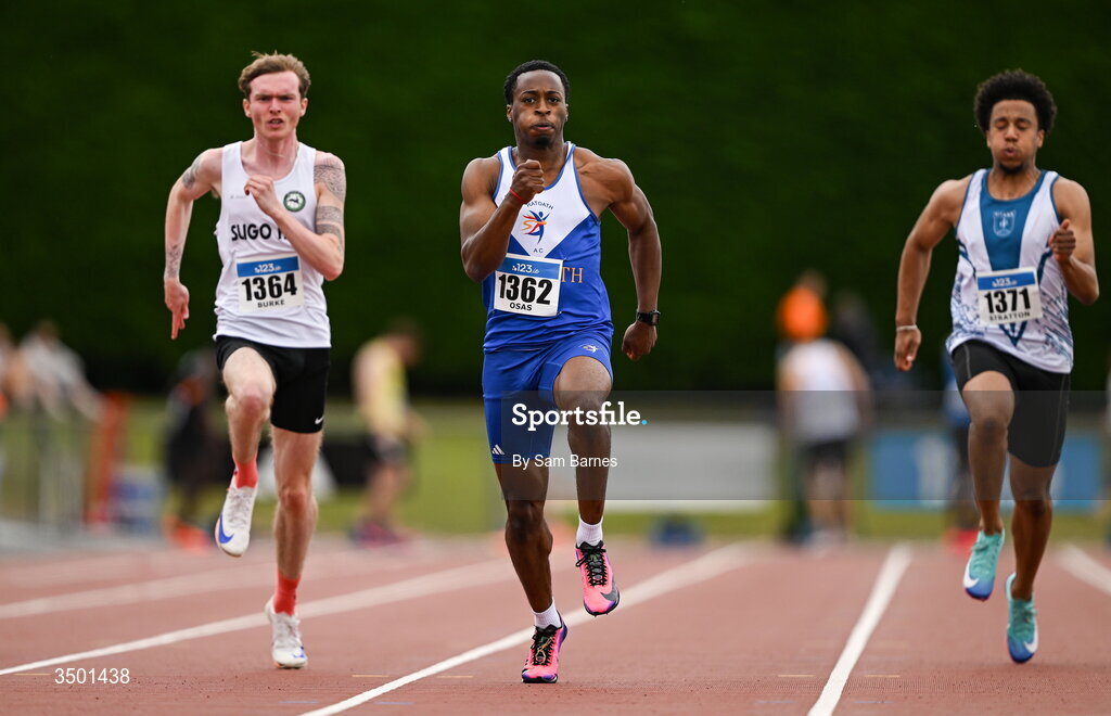4 July 2026; Osamudiamen Jesse Osas of Ratoath AC, Meath, centre, competes in the under 23 men's 100m heats during day one of the 123.ie National U20 & U23 Track & Field Championships at Tullamore Harriers Athletics Club in Tullamore, Offaly. Photo by Sam Barnes/Sportsfile