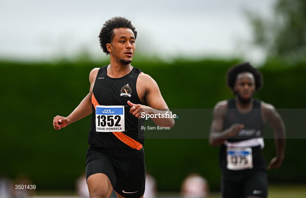 4 July 2026; Luca Logue-Fonseca of Clonliffe Harriers AC, Dublin, left, competes in the under 23 men's 100m heats during day one of the 123.ie National U20 & U23 Track & Field Championships at Tullamore Harriers Athletics Club in Tullamore, Offaly. Photo by Sam Barnes/Sportsfile