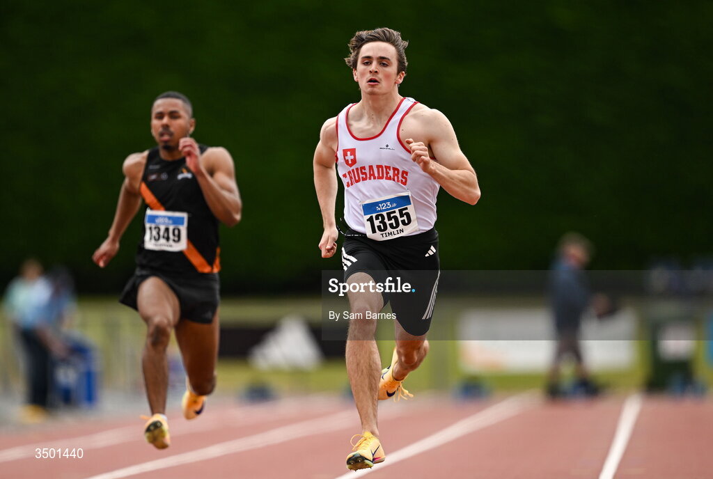 4 July 2026; Luke Timlin of Crusaders AC, Dublin, right, competes in the under 23 men's 100m heats during day one of the 123.ie National U20 & U23 Track & Field Championships at Tullamore Harriers Athletics Club in Tullamore, Offaly. Photo by Sam Barnes/Sportsfile