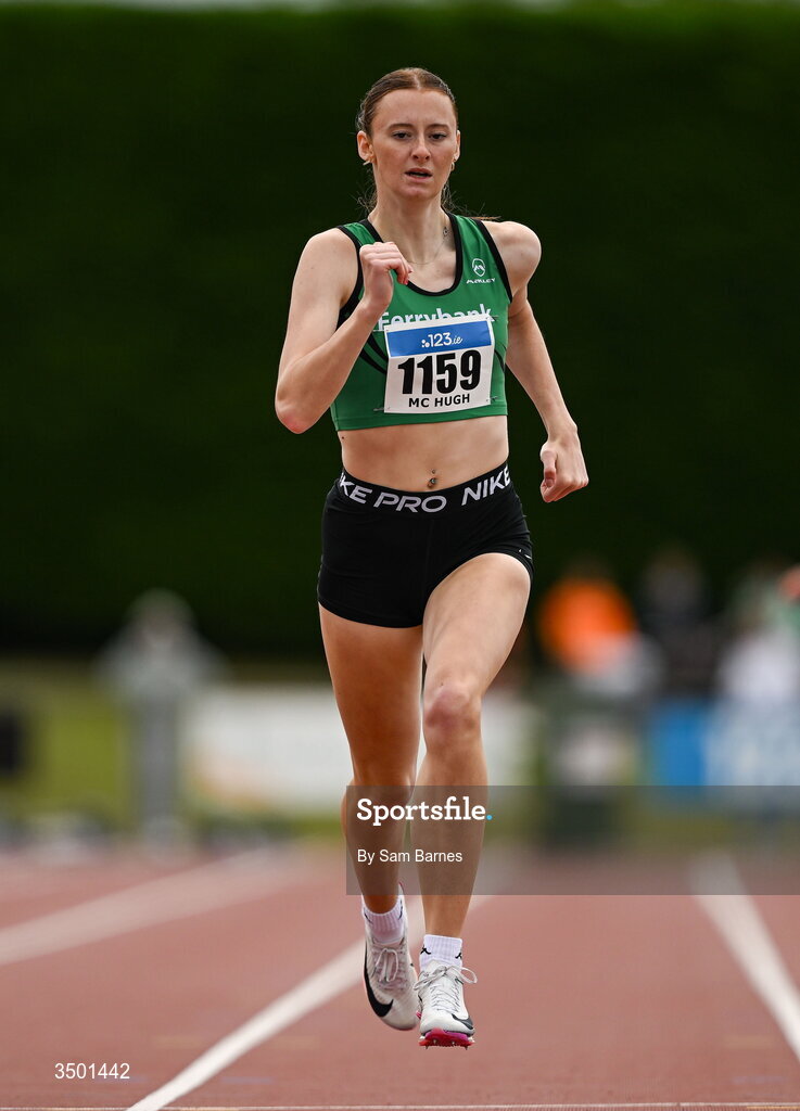 4 July 2026; Ellis McHugh of Ferrybank AC, Waterford, competes in the under 20 women's 400m heats during day one of the 123.ie National U20 & U23 Track & Field Championships at Tullamore Harriers Athletics Club in Tullamore, Offaly. Photo by Sam Barnes/Sportsfile