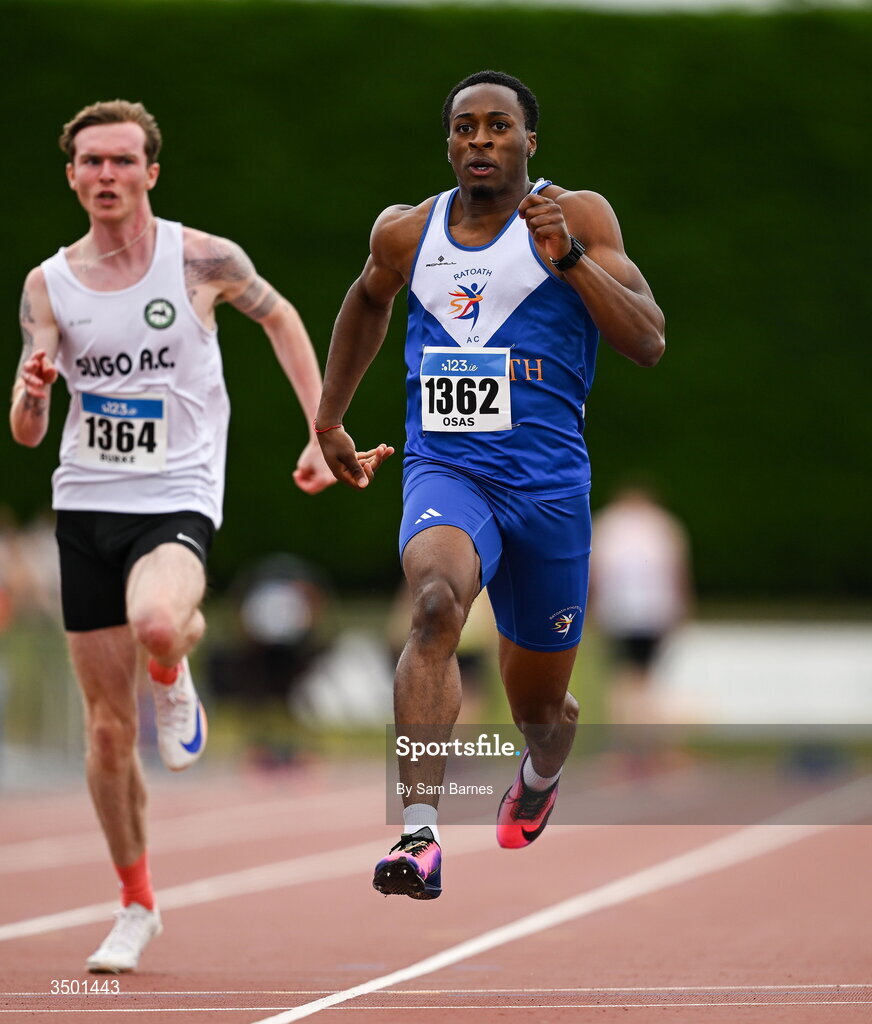4 July 2026; Osamudiamen Jesse Osas of Ratoath AC, Meath, centre, competes in the under 23 men's 100m heats during day one of the 123.ie National U20 & U23 Track & Field Championships at Tullamore Harriers Athletics Club in Tullamore, Offaly. Photo by Sam Barnes/Sportsfile