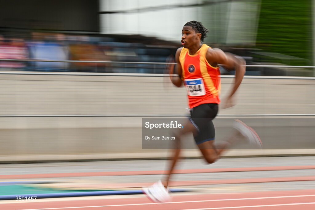 4 July 2026; Dubem Amah of Tallaght AC, Dublin, competes in the under 20 men's 100m heats during day one of the 123.ie National U20 & U23 Track & Field Championships at Tullamore Harriers Athletics Club in Tullamore, Offaly. Photo by Sam Barnes/Sportsfile