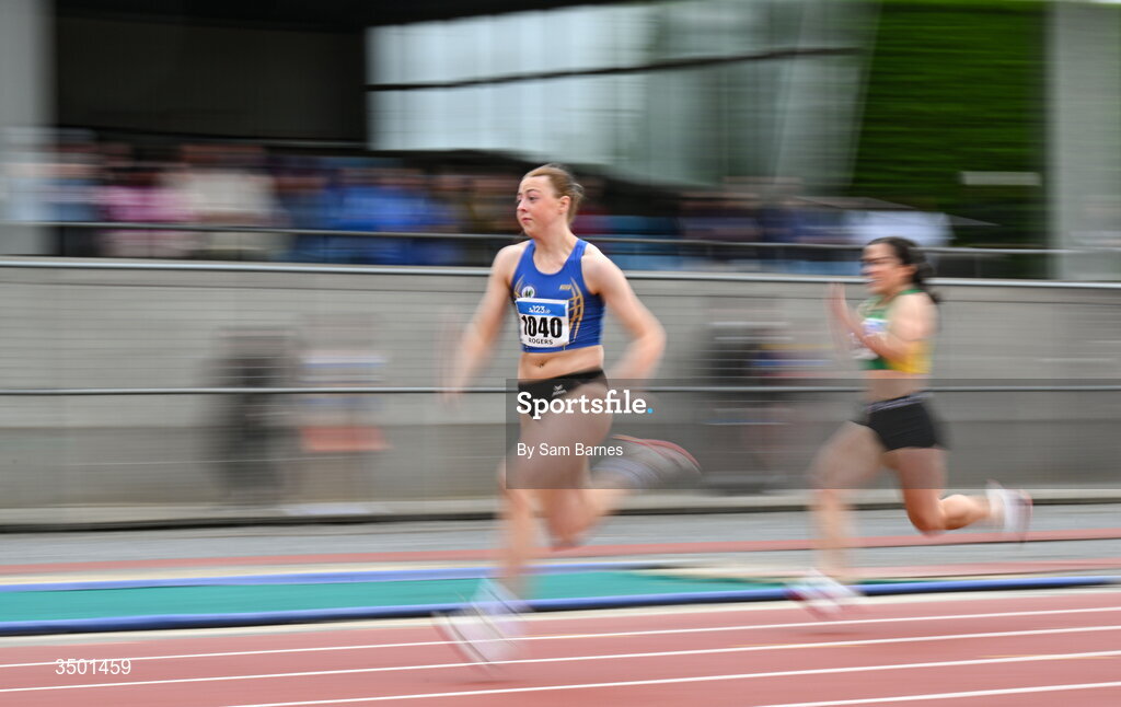 4 July 2026; Holly Rogers of Longford AC, Longford, competes in the under 23 women's 100m heats during day one of the 123.ie National U20 & U23 Track & Field Championships at Tullamore Harriers Athletics Club in Tullamore, Offaly. Photo by Sam Barnes/Sportsfile