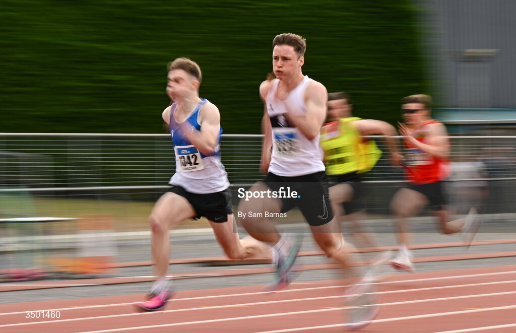 4 July 2026; Ciaran O'Farrell of Donore Harriers AC, centre, competes in the under 20 men's 100m heats during day one of the 123.ie National U20 & U23 Track & Field Championships at Tullamore Harriers Athletics Club in Tullamore, Offaly. Photo by Sam Barnes/Sportsfile