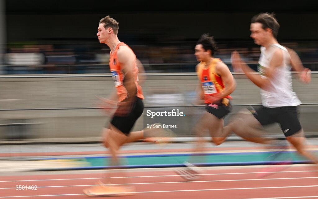 4 July 2026; Ben Sykes of Orangegrove AC, left, competes in the under 20 men's 100m heats during day one of the 123.ie National U20 & U23 Track & Field Championships at Tullamore Harriers Athletics Club in Tullamore, Offaly. Photo by Sam Barnes/Sportsfile