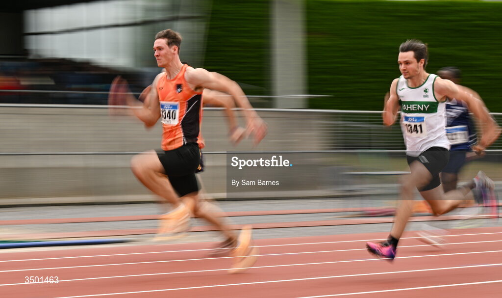 4 July 2026; Ben Sykes of Orangegrove AC, left, competes in the under 20 men's 100m heats during day one of the 123.ie National U20 & U23 Track & Field Championships at Tullamore Harriers Athletics Club in Tullamore, Offaly. Photo by Sam Barnes/Sportsfile