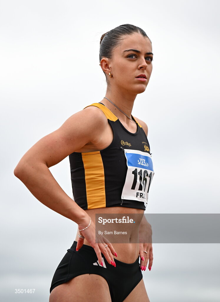 4 July 2026; Erin Friel of Letterkenny AC, Donegal, competes in the under 20 women's 400m heats during day one of the 123.ie National U20 & U23 Track & Field Championships at Tullamore Harriers Athletics Club in Tullamore, Offaly. Photo by Sam Barnes/Sportsfile