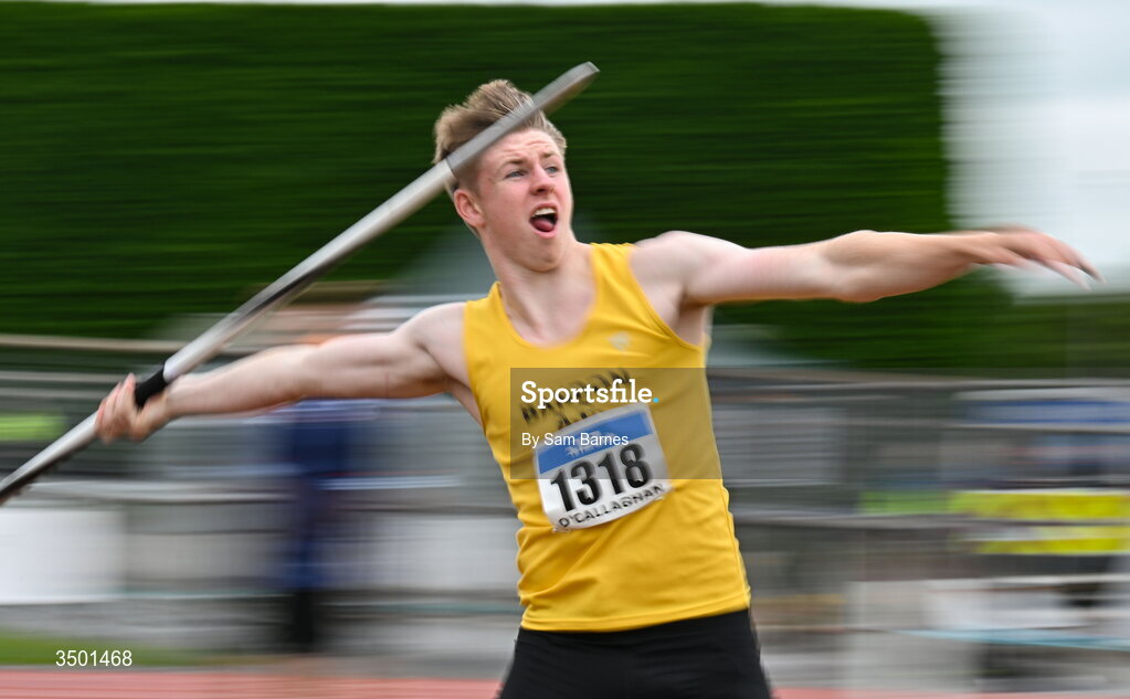 4 July 2026; Eoin O'Callaghan of Bandon AC, Cork, competes in the under 20 men's javelin during day one of the 123.ie National U20 & U23 Track & Field Championships at Tullamore Harriers Athletics Club in Tullamore, Offaly. Photo by Sam Barnes/Sportsfile