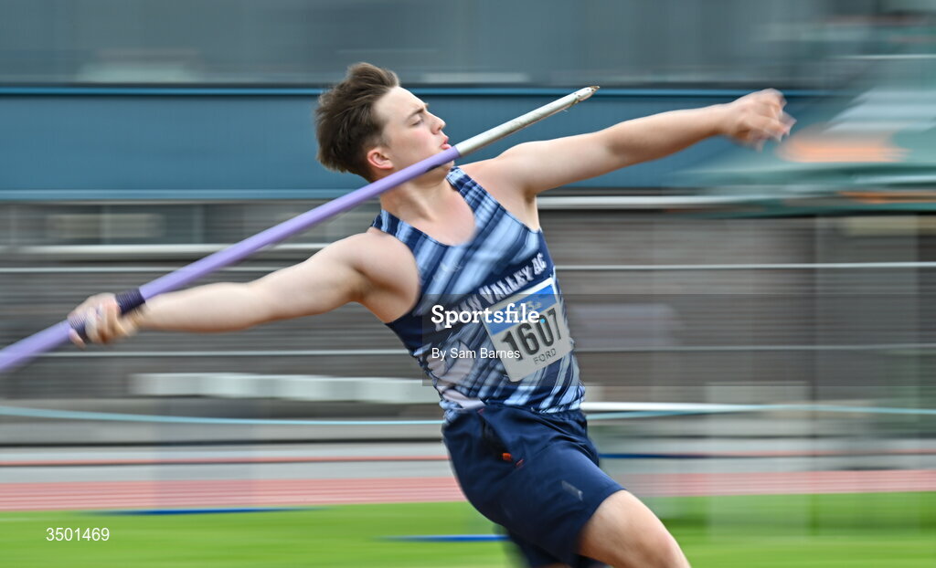 4 July 2026; Curtis Ford of Lagan Valley AC, Donegal, competes in the under 20 men's javelin during day one of the 123.ie National U20 & U23 Track & Field Championships at Tullamore Harriers Athletics Club in Tullamore, Offaly. Photo by Sam Barnes/Sportsfile