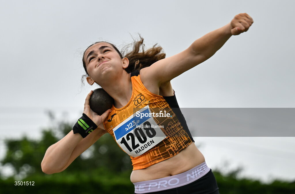 4 July 2026; Niamh Madden of Nenagh Olympic AC, Tipperary, competes in the under 20 women's shot put during day one of the 123.ie National U20 & U23 Track & Field Championships at Tullamore Harriers Athletics Club in Tullamore, Offaly. Photo by Sam Barnes/Sportsfile