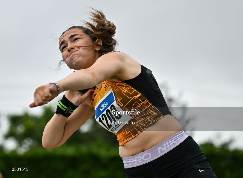 4 July 2026; Niamh Madden of Nenagh Olympic AC, Tipperary, competes in the under 20 women's shot put during day one of the 123.ie National U20 & U23 Track & Field Championships at Tullamore Harriers Athletics Club in Tullamore, Offaly. Photo by Sam Barnes/Sportsfile