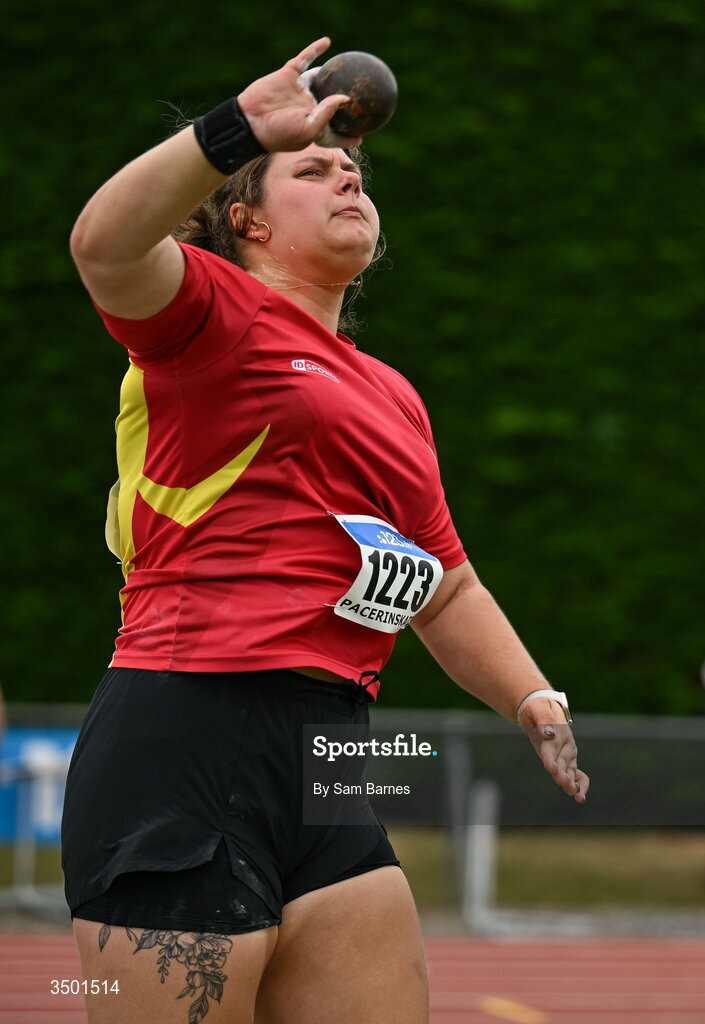 4 July 2026; Kotryna Pacerinskaite of Fanahan Mc Sweeney AC, competes in the under 23 women's shot put during day one of the 123.ie National U20 & U23 Track & Field Championships at Tullamore Harriers Athletics Club in Tullamore, Offaly. Photo by Sam Barnes/Sportsfile