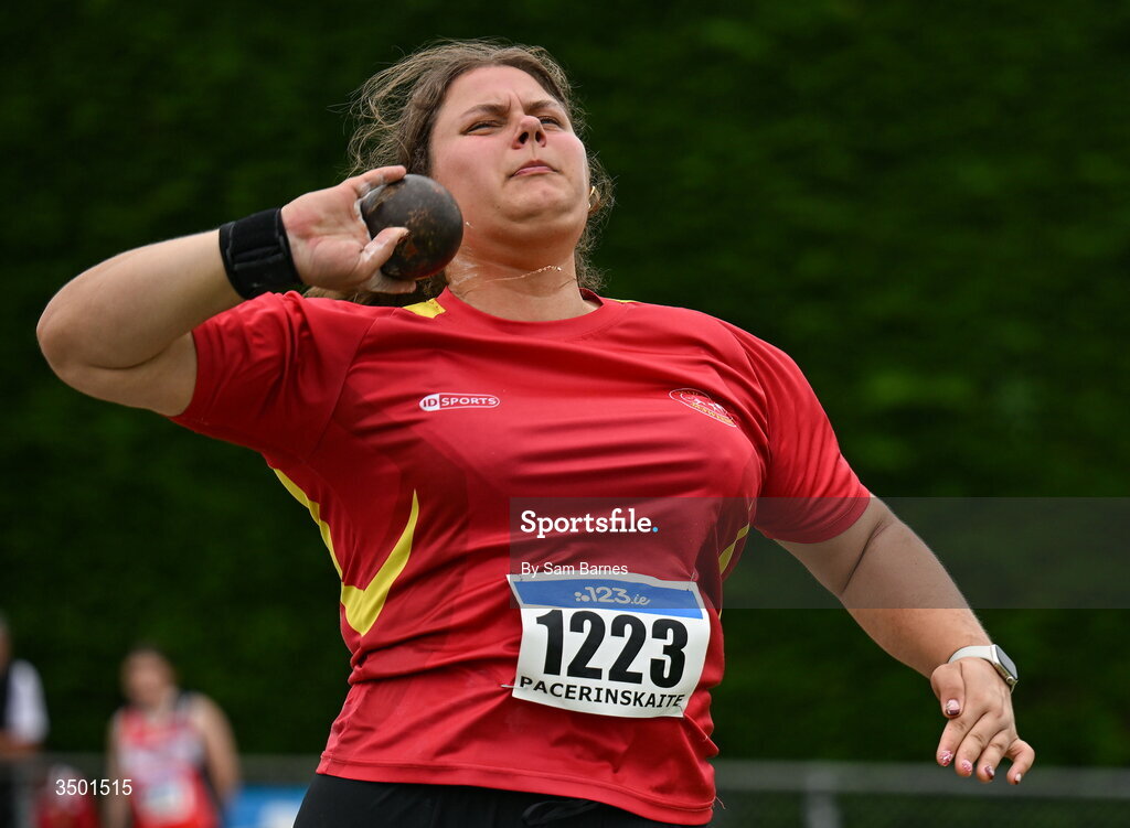 4 July 2026; Kotryna Pacerinskaite of Fanahan Mc Sweeney AC, competes in the under 23 women's shot put during day one of the 123.ie National U20 & U23 Track & Field Championships at Tullamore Harriers Athletics Club in Tullamore, Offaly. Photo by Sam Barnes/Sportsfile