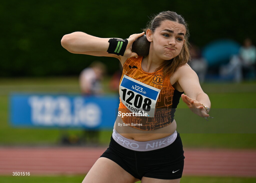 4 July 2026; Niamh Madden of Nenagh Olympic AC, Tipperary, competes in the under 20 women's shot put during day one of the 123.ie National U20 & U23 Track & Field Championships at Tullamore Harriers Athletics Club in Tullamore, Offaly. Photo by Sam Barnes/Sportsfile