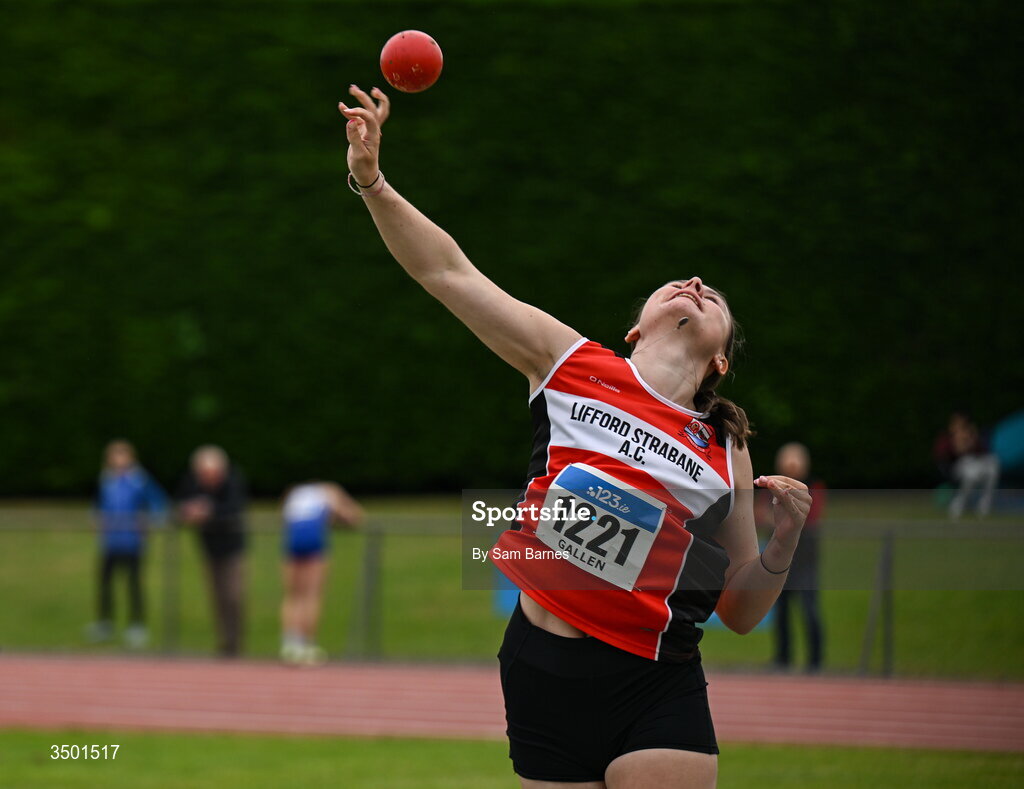 4 July 2026; Caoimhe Gallen of Lifford Strabane AC, Donegal, competes in the under 20 women's shot put during day one of the 123.ie National U20 & U23 Track & Field Championships at Tullamore Harriers Athletics Club in Tullamore, Offaly. Photo by Sam Barnes/Sportsfile