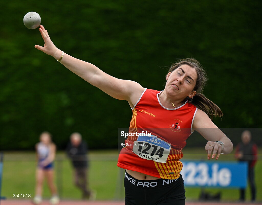 4 July 2026; Nina Wallace of St Colmans South Mayo AC, competes in the under 23 women's shot put during day one of the 123.ie National U20 & U23 Track & Field Championships at Tullamore Harriers Athletics Club in Tullamore, Offaly. Photo by Sam Barnes/Sportsfile