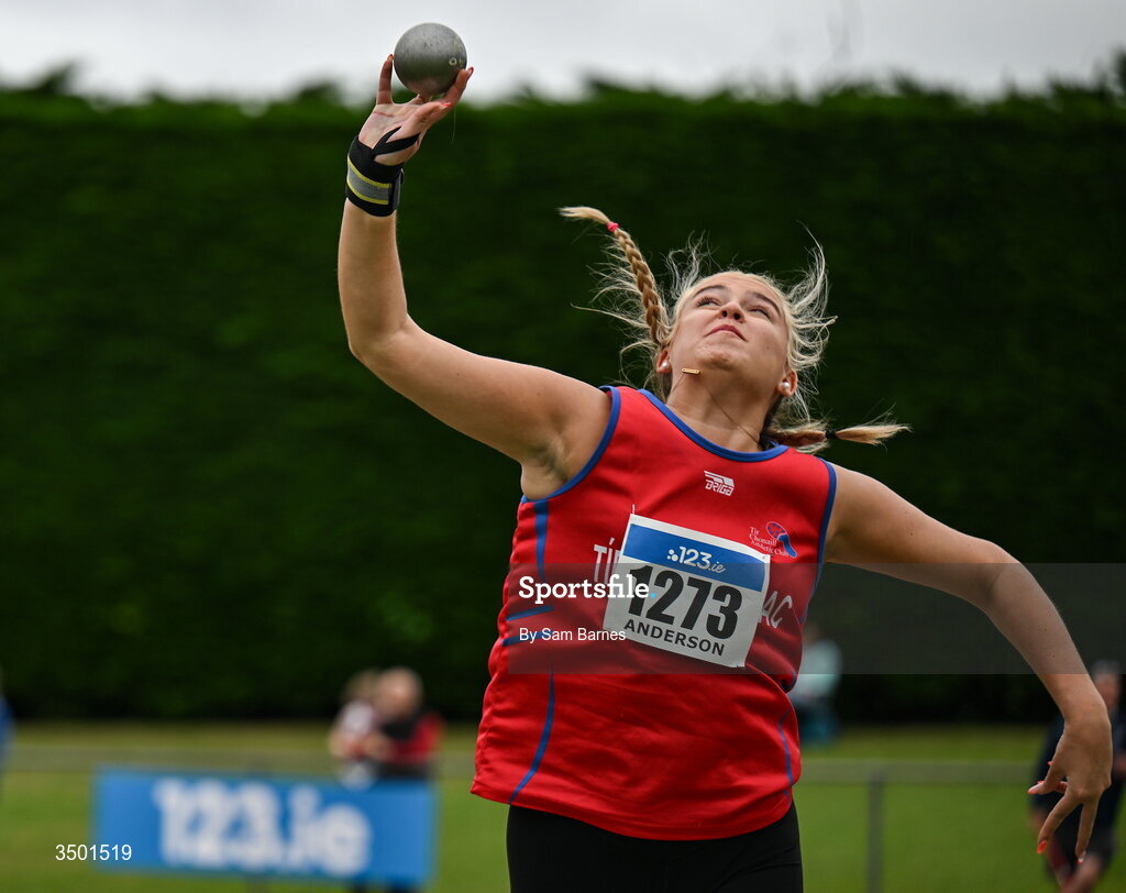 4 July 2026; Ava Jean Anderson of Tír Chonaill AC, Donegal, competes in the under 20 women's shot put during day one of the 123.ie National U20 & U23 Track & Field Championships at Tullamore Harriers Athletics Club in Tullamore, Offaly. Photo by Sam Barnes/Sportsfile