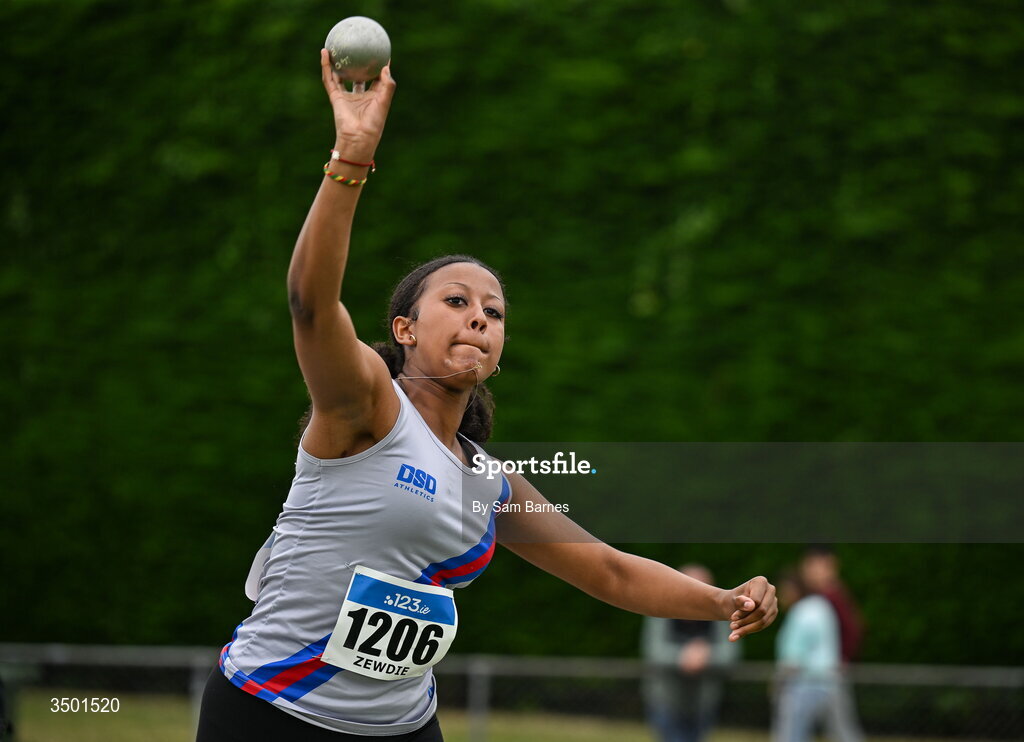 4 July 2026; Adona Zewdie of Dundrum South Dublin AC, Dublin, competes in the under 20 women's shot put during day one of the 123.ie National U20 & U23 Track & Field Championships at Tullamore Harriers Athletics Club in Tullamore, Offaly. Photo by Sam Barnes/Sportsfile