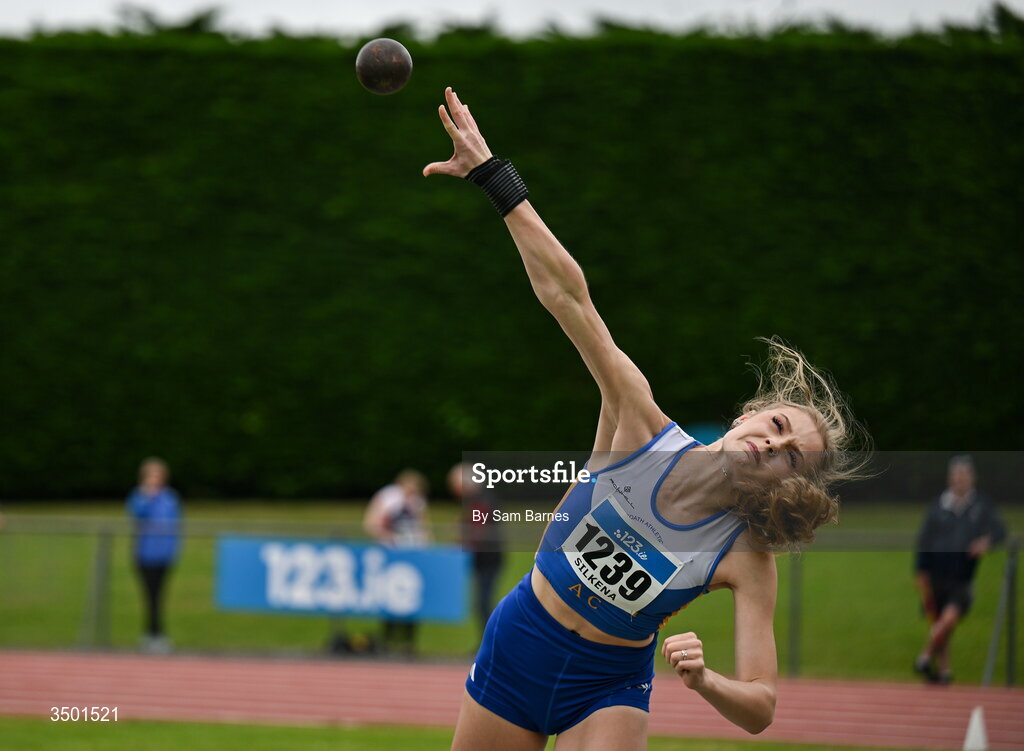 4 July 2026; Enya Silkena of Ratoath AC, Meath, competes in the under 20 women's shot put during day one of the 123.ie National U20 & U23 Track & Field Championships at Tullamore Harriers Athletics Club in Tullamore, Offaly. Photo by Sam Barnes/Sportsfile