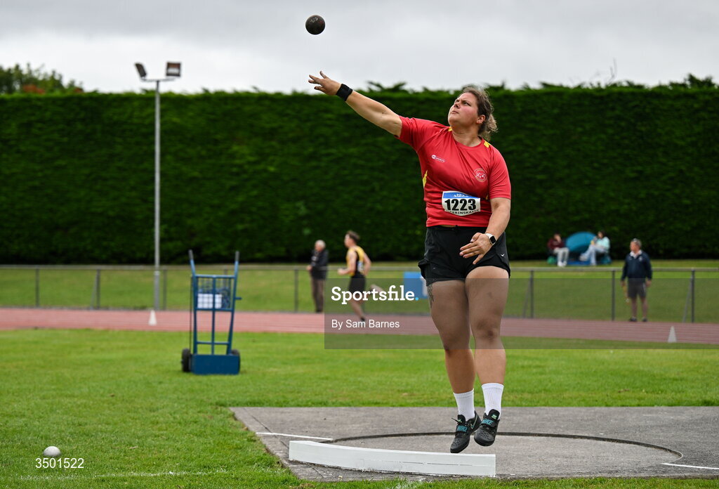 4 July 2026; Kotryna Pacerinskaite of Fanahan Mc Sweeney AC, competes in the under 23 women's shot put during day one of the 123.ie National U20 & U23 Track & Field Championships at Tullamore Harriers Athletics Club in Tullamore, Offaly. Photo by Sam Barnes/Sportsfile