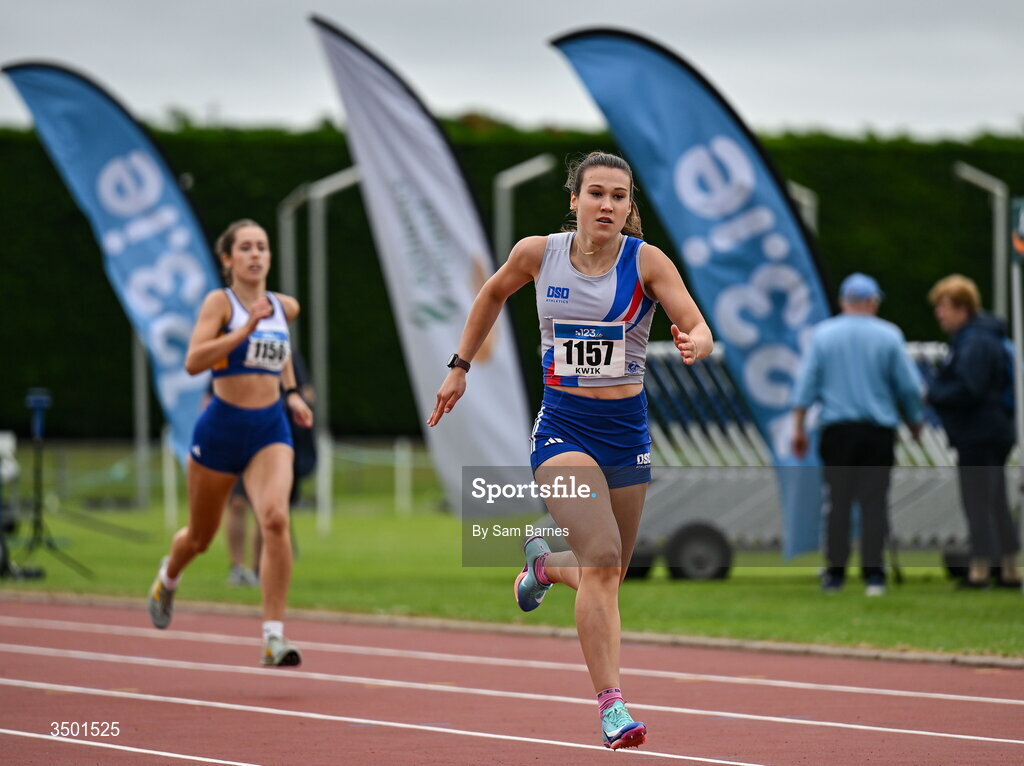 4 July 2026; Evelyn Kwik of Dundrum South Dublin AC, right, competes in the under 20 women's 400m heats during day one of the 123.ie National U20 & U23 Track & Field Championships at Tullamore Harriers Athletics Club in Tullamore, Offaly. Photo by Sam Barnes/Sportsfile