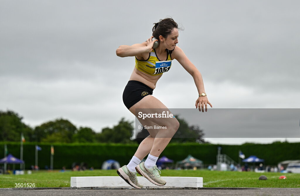 4 July 2026; Aoife Callan of Bandon AC, Cork, competes in the under 20 women's shot put during day one of the 123.ie National U20 & U23 Track & Field Championships at Tullamore Harriers Athletics Club in Tullamore, Offaly. Photo by Sam Barnes/Sportsfile