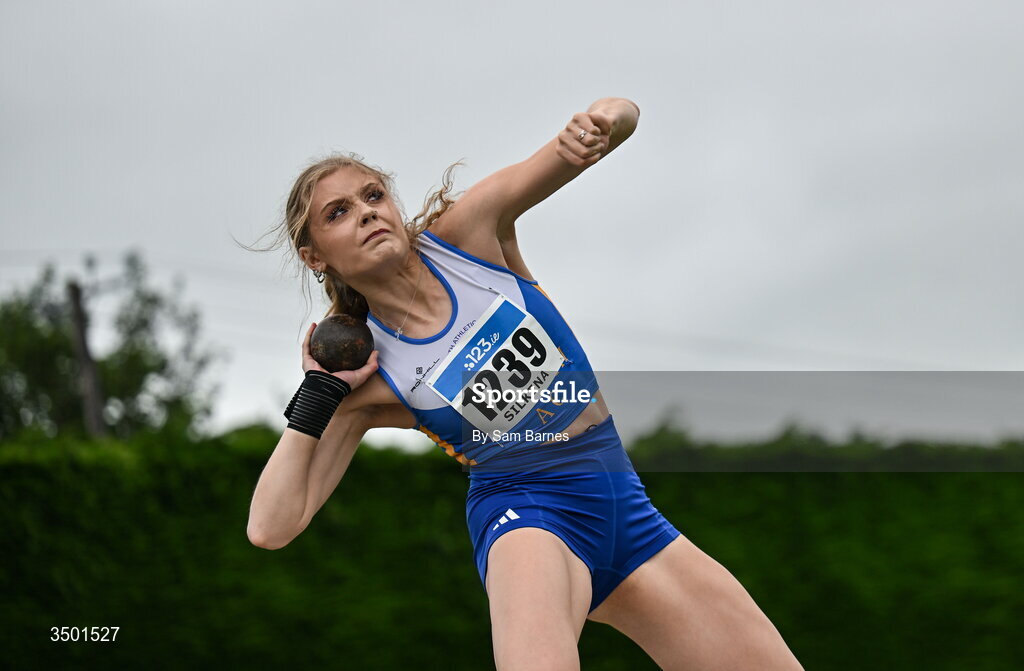 4 July 2026; Enya Silkena of Ratoath AC, Meath, competes in the under 20 women's shot put during day one of the 123.ie National U20 & U23 Track & Field Championships at Tullamore Harriers Athletics Club in Tullamore, Offaly. Photo by Sam Barnes/Sportsfile