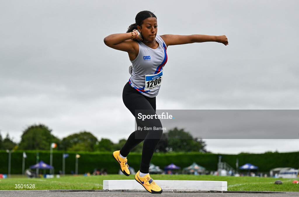 4 July 2026; Adona Zewdie of Dundrum South Dublin AC, competes in the under 20 women's shot put during day one of the 123.ie National U20 & U23 Track & Field Championships at Tullamore Harriers Athletics Club in Tullamore, Offaly. Photo by Sam Barnes/Sportsfile