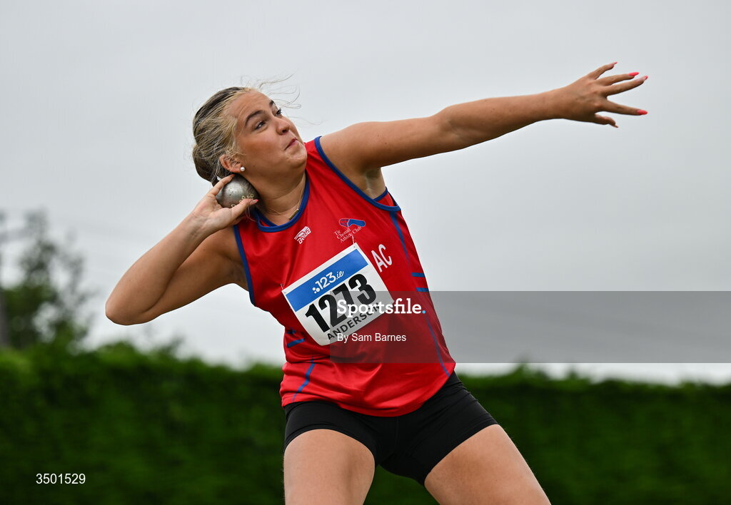 4 July 2026; Ava Jean Anderson of Tír Chonaill AC, Donegal, competes in the under 20 women's shot put during day one of the 123.ie National U20 & U23 Track & Field Championships at Tullamore Harriers Athletics Club in Tullamore, Offaly. Photo by Sam Barnes/Sportsfile