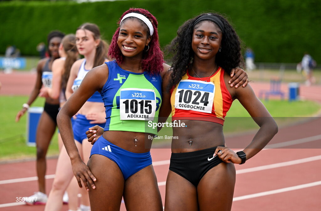 4 July 2026; Chidinma Adikaibe of Metro/St Brigids AC, Dublin, left, with Gloria Oigbochie of Tallaght AC, Dublin, after the under 20 women's 100m final during day one of the 123.ie National U20 & U23 Track & Field Championships at Tullamore Harriers Athletics Club in Tullamore, Offaly. Photo by Sam Barnes/Sportsfile