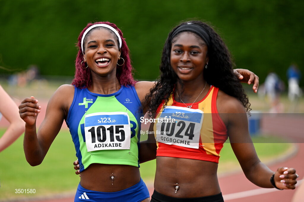 4 July 2026; Chidinma Adikaibe of Metro/St Brigids AC, Dublin, left, with Gloria Oigbochie of Tallaght AC, Dublin, after the under 20 women's 100m final during day one of the 123.ie National U20 & U23 Track & Field Championships at Tullamore Harriers Athletics Club in Tullamore, Offaly. Photo by Sam Barnes/Sportsfile