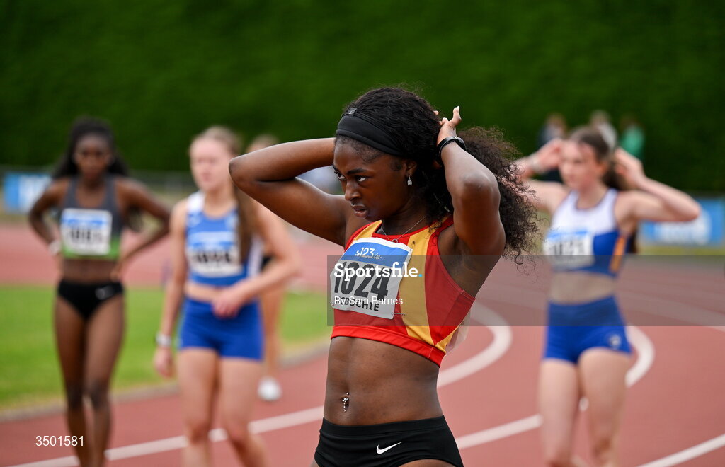 4 July 2026; Gloria Oigbochie of Tallaght AC, Dublin, after the under 20 women's 100m final during day one of the 123.ie National U20 & U23 Track & Field Championships at Tullamore Harriers Athletics Club in Tullamore, Offaly. Photo by Sam Barnes/Sportsfile