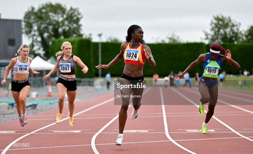 4 July 2026; Gloria Oigbochie of Tallaght AC, Dublin, crosses the finish line first in the under 20 women's 100m final but is subsequently disqualified during day one of the 123.ie National U20 & U23 Track & Field Championships at Tullamore Harriers Athletics Club in Tullamore, Offaly. Photo by Sam Barnes/Sportsfile