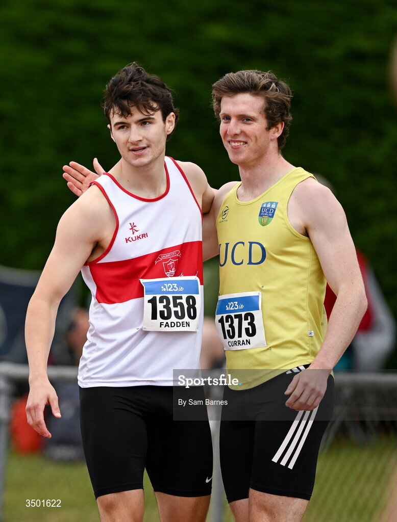 4 July 2026; Lucas Fadden of Galway City Harriers, AC, Galway, left, is congratulated by Killian Curran of UCD AC, Dublin, after winning the under 23 men's 100m during day one of the 123.ie National U20 & U23 Track & Field Championships at Tullamore Harriers Athletics Club in Tullamore, Offaly. Photo by Sam Barnes/Sportsfile