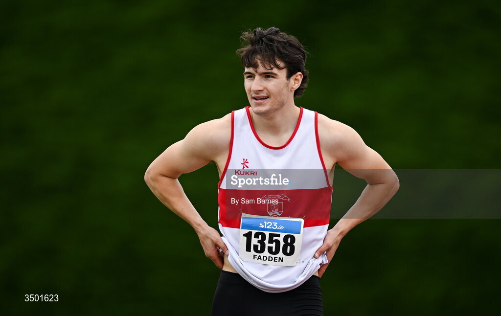 4 July 2026; Lucas Fadden of Galway City Harriers, AC, Galway, after winning the under 23 men's 100m during day one of the 123.ie National U20 & U23 Track & Field Championships at Tullamore Harriers Athletics Club in Tullamore, Offaly. Photo by Sam Barnes/Sportsfile