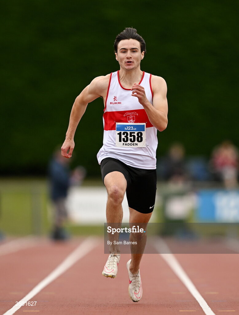 4 July 2026; Lucas Fadden of Galway City Harriers, AC, Galway, on his way to winning the under 23 men's 100m during day one of the 123.ie National U20 & U23 Track & Field Championships at Tullamore Harriers Athletics Club in Tullamore, Offaly. Photo by Sam Barnes/Sportsfile