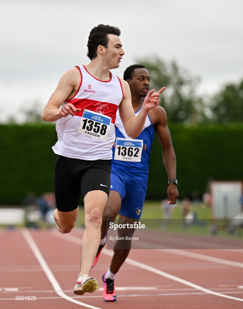 4 July 2026; Lucas Fadden of Galway City Harriers, AC, Galway, left, celebrates winning the under 23 men's 100m during day one of the 123.ie National U20 & U23 Track & Field Championships at Tullamore Harriers Athletics Club in Tullamore, Offaly. Photo by Sam Barnes/Sportsfile