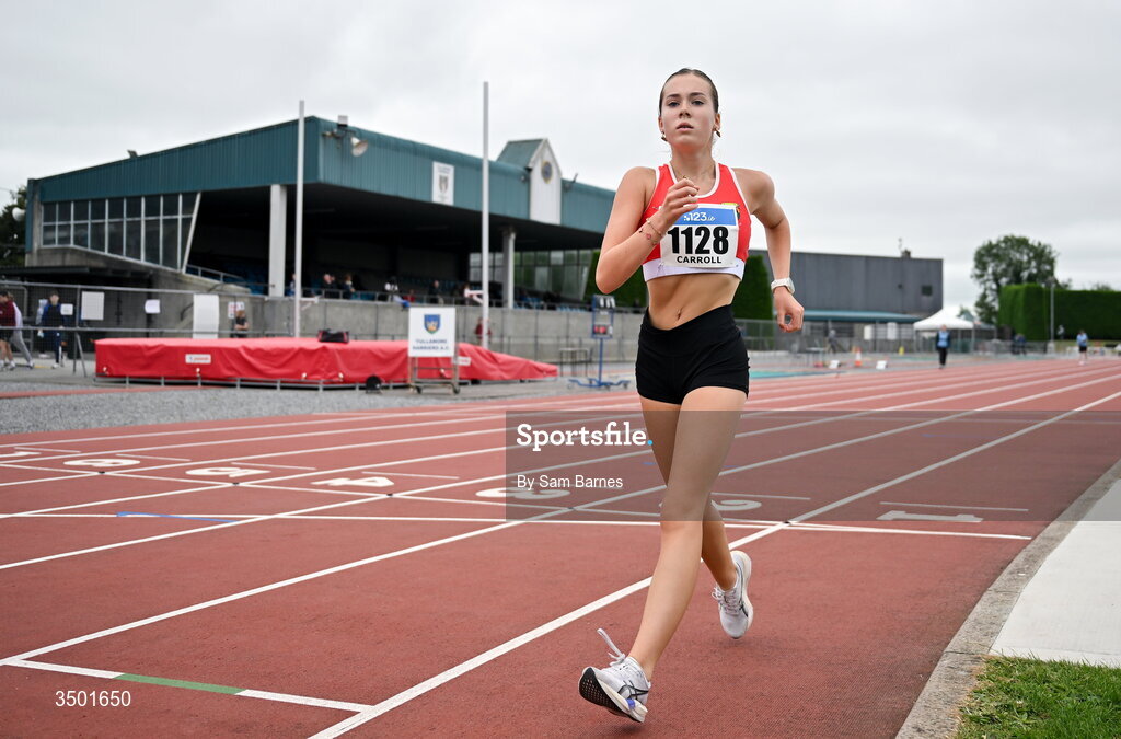 4 July 2026; Faye Carroll of Cork City AC, competes in the under 20 women's 3000m walk during day one of the 123.ie National U20 & U23 Track & Field Championships at Tullamore Harriers Athletics Club in Tullamore, Offaly. Photo by Sam Barnes/Sportsfile