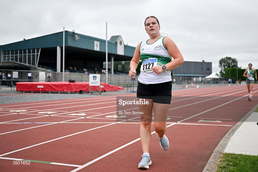 4 July 2026; Aoife Martin of Carraig-Na-Bhfear AC, Cork, competes in the under 20 women's 3000m walk during day one of the 123.ie National U20 & U23 Track & Field Championships at Tullamore Harriers Athletics Club in Tullamore, Offaly. Photo by Sam Barnes/Sportsfile